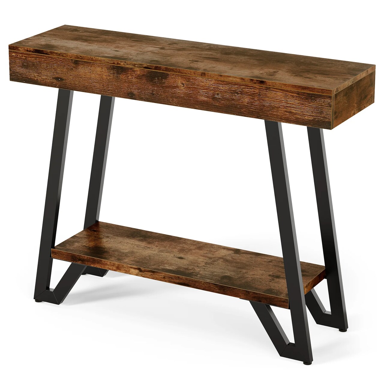 Rustic Industrial Console Table 2-Tier Brown Wood Black Metal Entryway Table